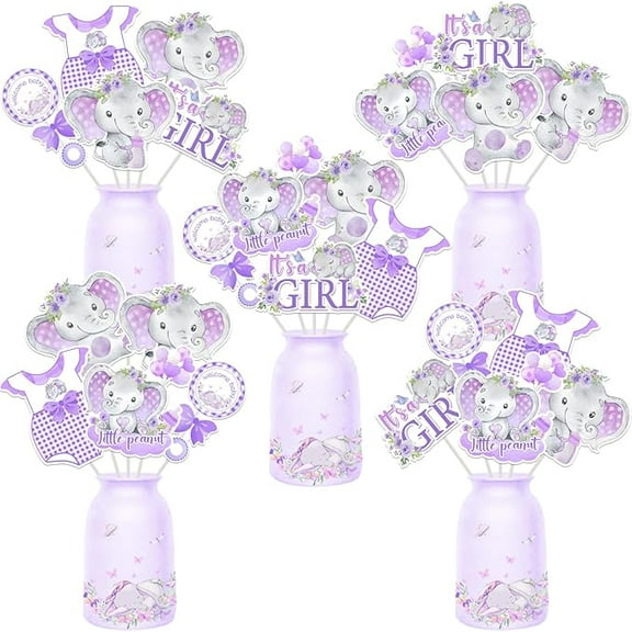 24 Pieces Elephant Baby Shower Party Centerpieces Sticks, Purple Elephant Little Peanut Table Toppers party Decorations Supplies for Girls