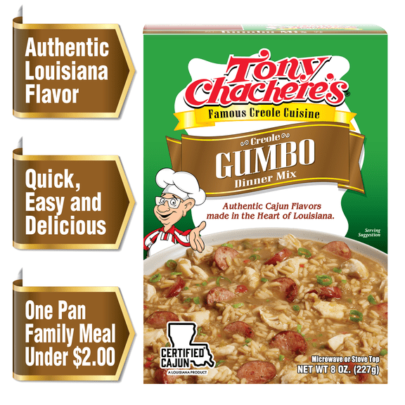 Tony Chachere's, Cajun, Gumbo, Rice Dinner, 1 Box, 8 oz, Shelf Stable, No MSG, Nut-Free