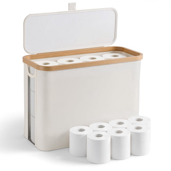 punada Toilet Paper Storage Basket with Lid, Bathroom Toilet Paper Organizer Holds up to 12 Regular Rolls or 9 Mega Rolls, Foldable Bathroom Storage Bin with Handle and Non-Slip Base, Beige