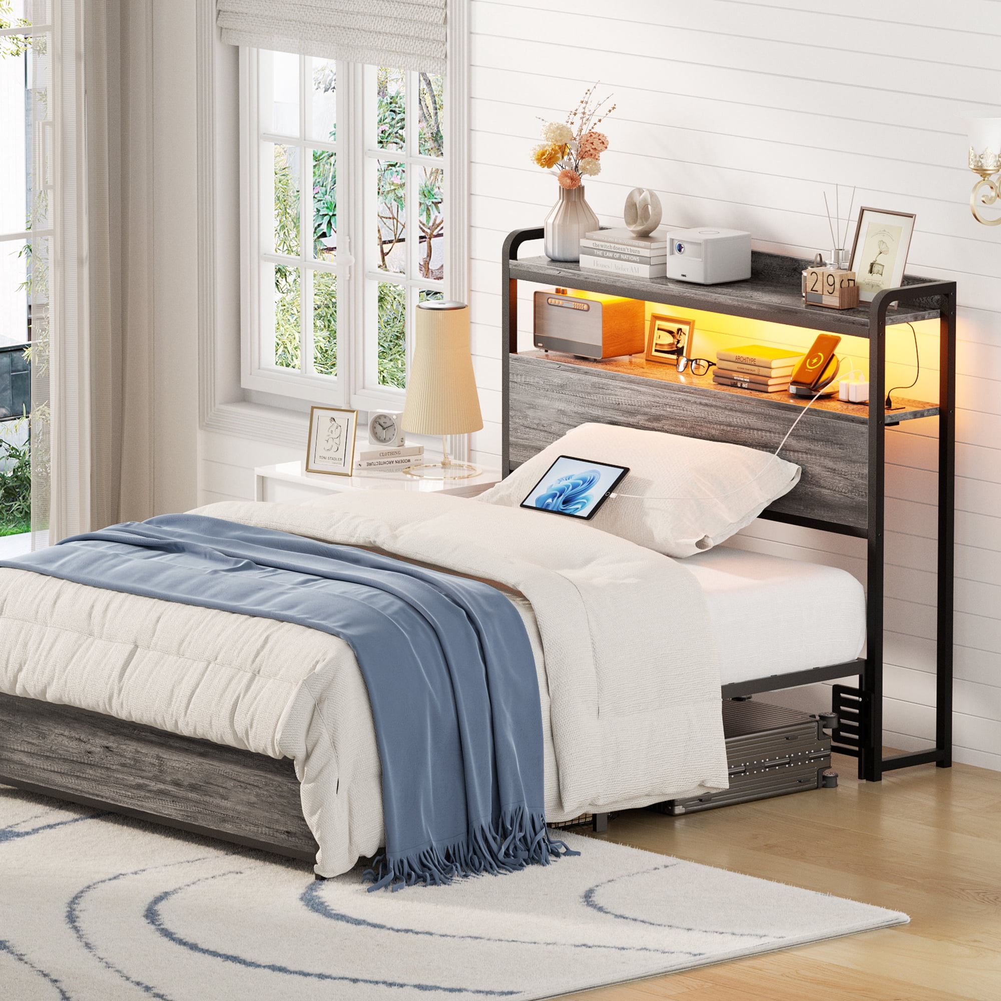 iSunrim Headboard for Twin Size Bed Frame, Headboard with Charging Station, USB Ports and LED Light, Headboard with Storage, Height Adjustable, Twin Size, Black Oak