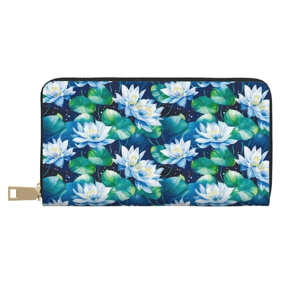 Leather Thin Slim Wallets for Women Men - Blue Lotus Flower Clutch Card Wallet for Women Men with Zipper