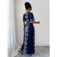 thumbnail image 2 of Navy Blue V-Neck Embroidered A-Line Maxi Dress With Short Sleeves And Self-Tie Waist, 2 of 6