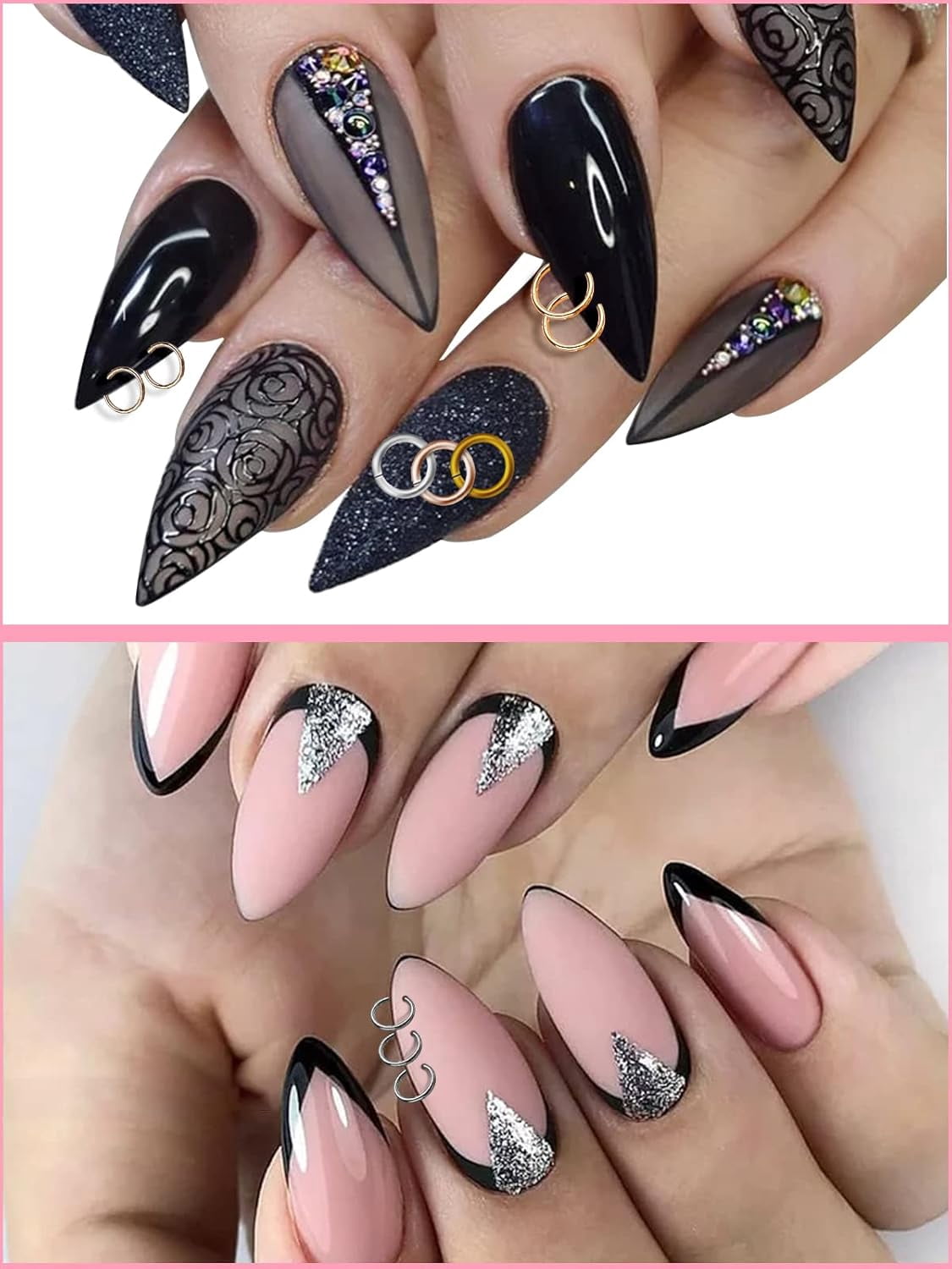 1014 Pcs Nail Art Dangle Charms Piercing Tool Hand Drill, 6 Sizes 4 Colors Open Jump Rings for Jewelry Making with Jump Ring Opener, Nail Charms Nail Jewelry Rings with Pliers and Tweezers ['ancient