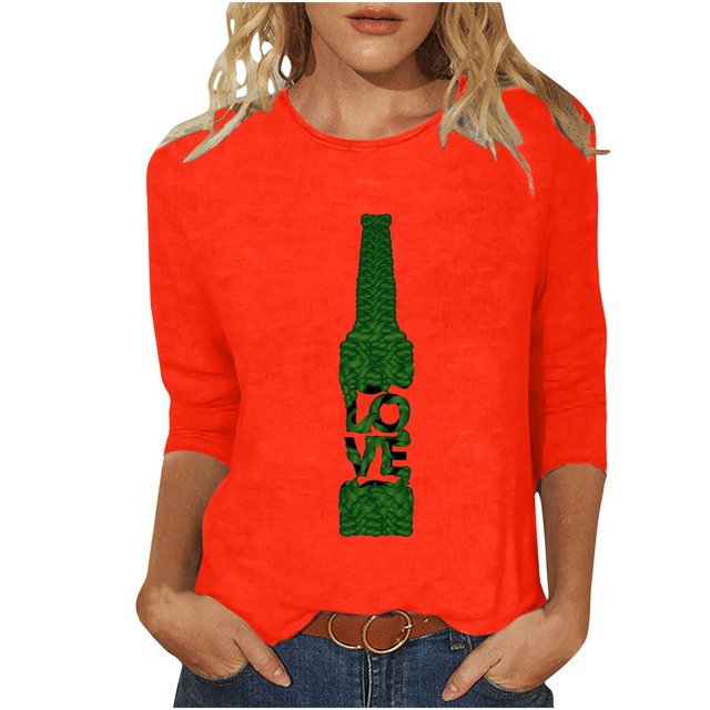 Pompotops T-Shirt d'Été Décontracté pour Femmes Imprimé Bière Col Rond Manches 3/4 Ample en Solde