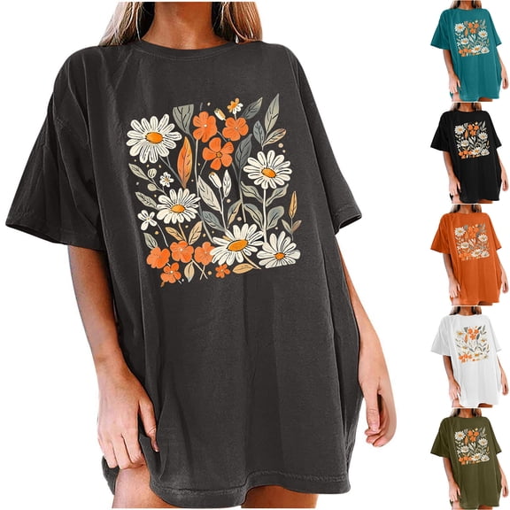 CHUMUD Womens Oversize T Shirts Floral Short Sleeve Crew Neck Pleated Tees Loose Fit Casual Trendy Summer Tops