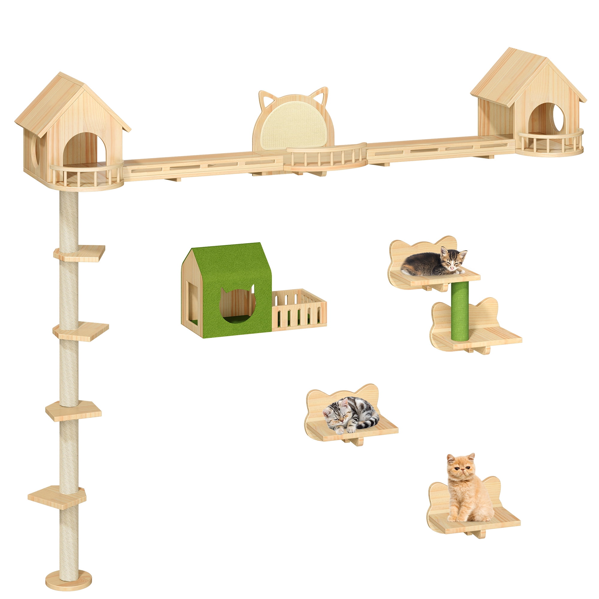 Craftian 21-Piece Cat Wall Shelves Set, Pine Wood Cat Wall Furniture with 3 Houses, 1 Cat Bed, 6 Sisal Posts and 2 Tunnels, Fun Cat Shelves and Perches for Wall, Cat Climbing Shelf and Steps