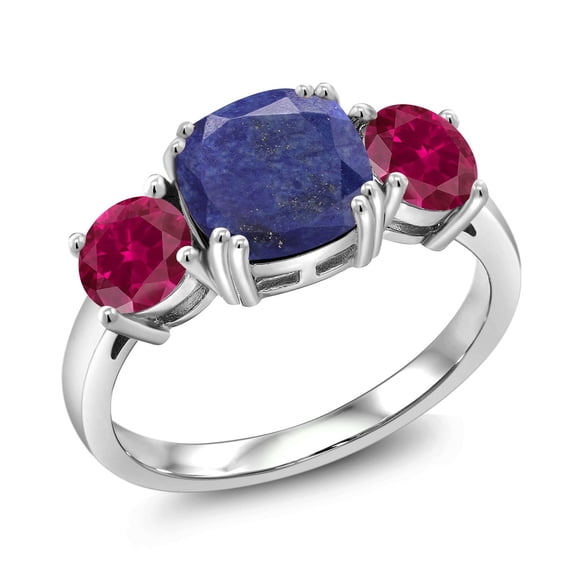 Gem Stone King 925 Sterling Silver Blue Lapis and Red Created Ruby 3 Stone Engagement Ring for Women (4.00 Cttw, Gemstone, Cushion 8MM, Size 6)