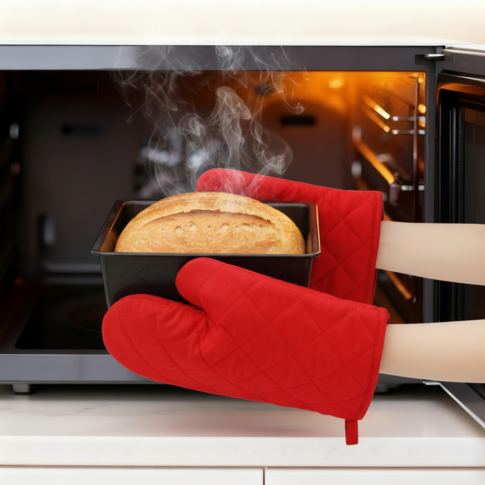 Unique Bargains Heat Resistant Cooking Gloves Thick Cotton Lining Red 10.6x6.7inch