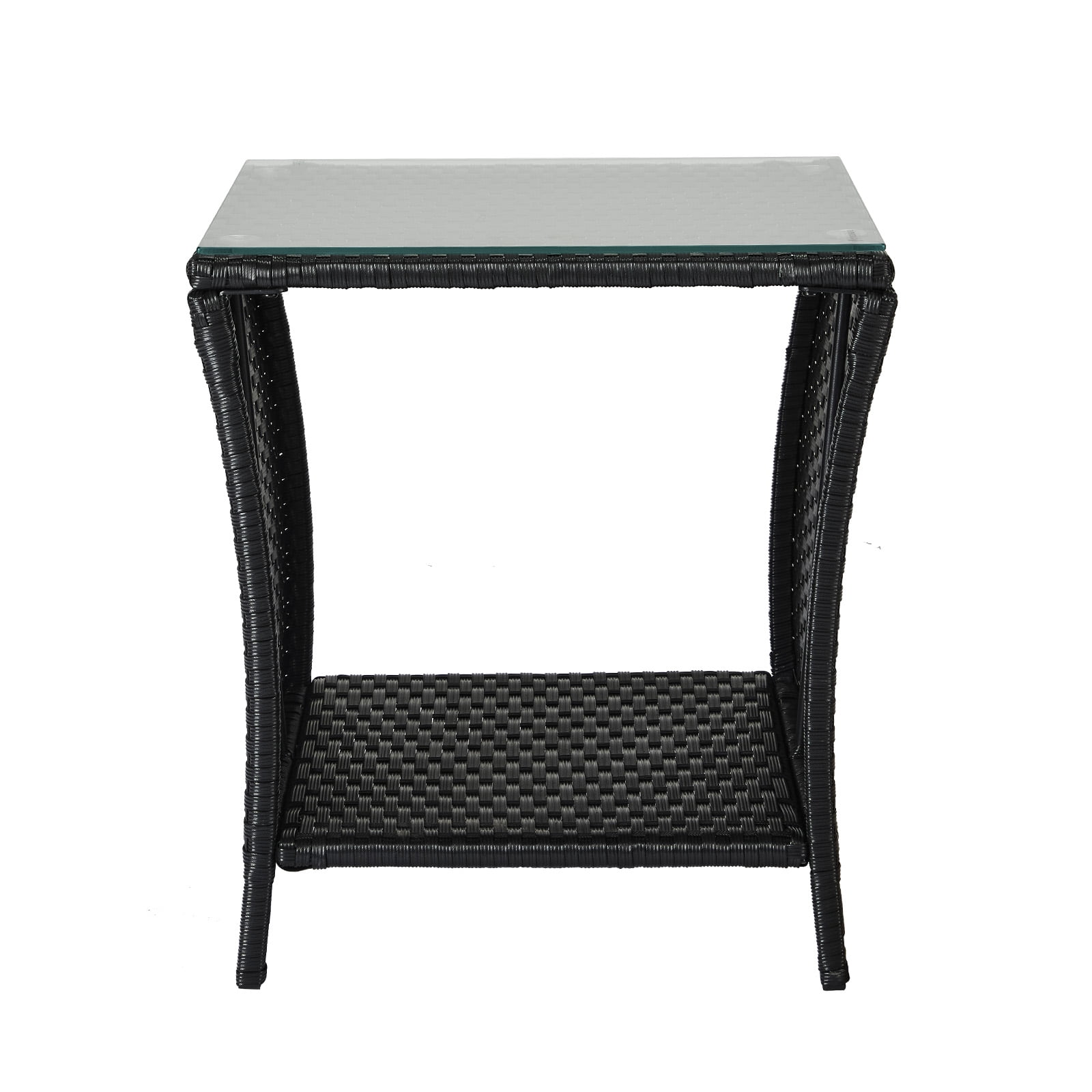 Outdoor Black PE Rattan Tempered Glass Side Table Sturdy Iron Frame Patio End Table With Storage Shelf Weather Resistant Accent Table For Garden Backyard Balcony Porch Indoor Outdoor Use