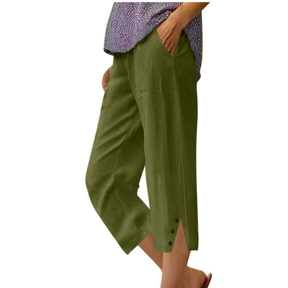 Casual Capris for Women Trendy Plus Size New Women's Summer Linen Solid Color Pockets Elastic Waist Capris Shorts Pants Style B-32 Army Green XXL