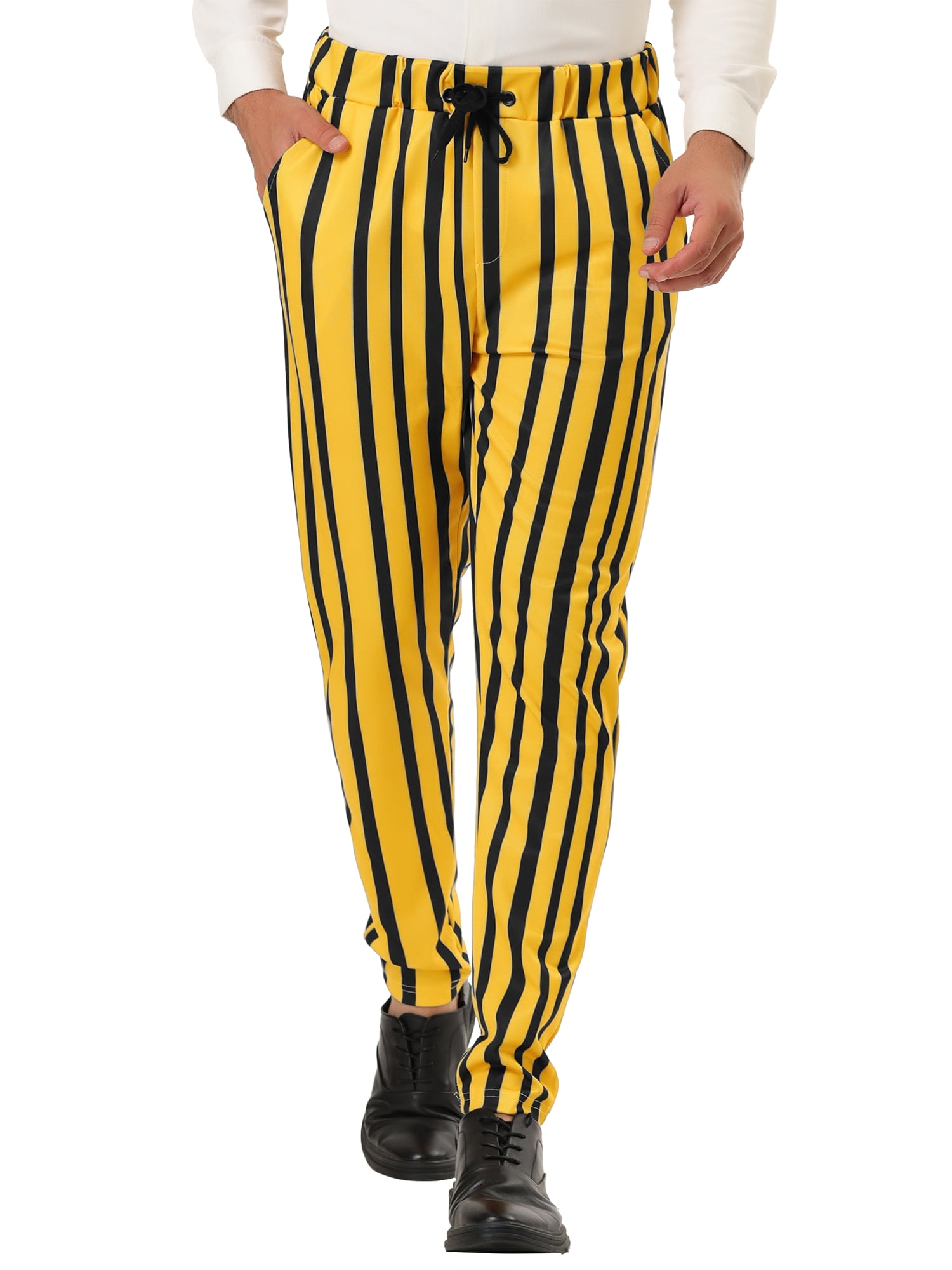 white and yellow striped pants