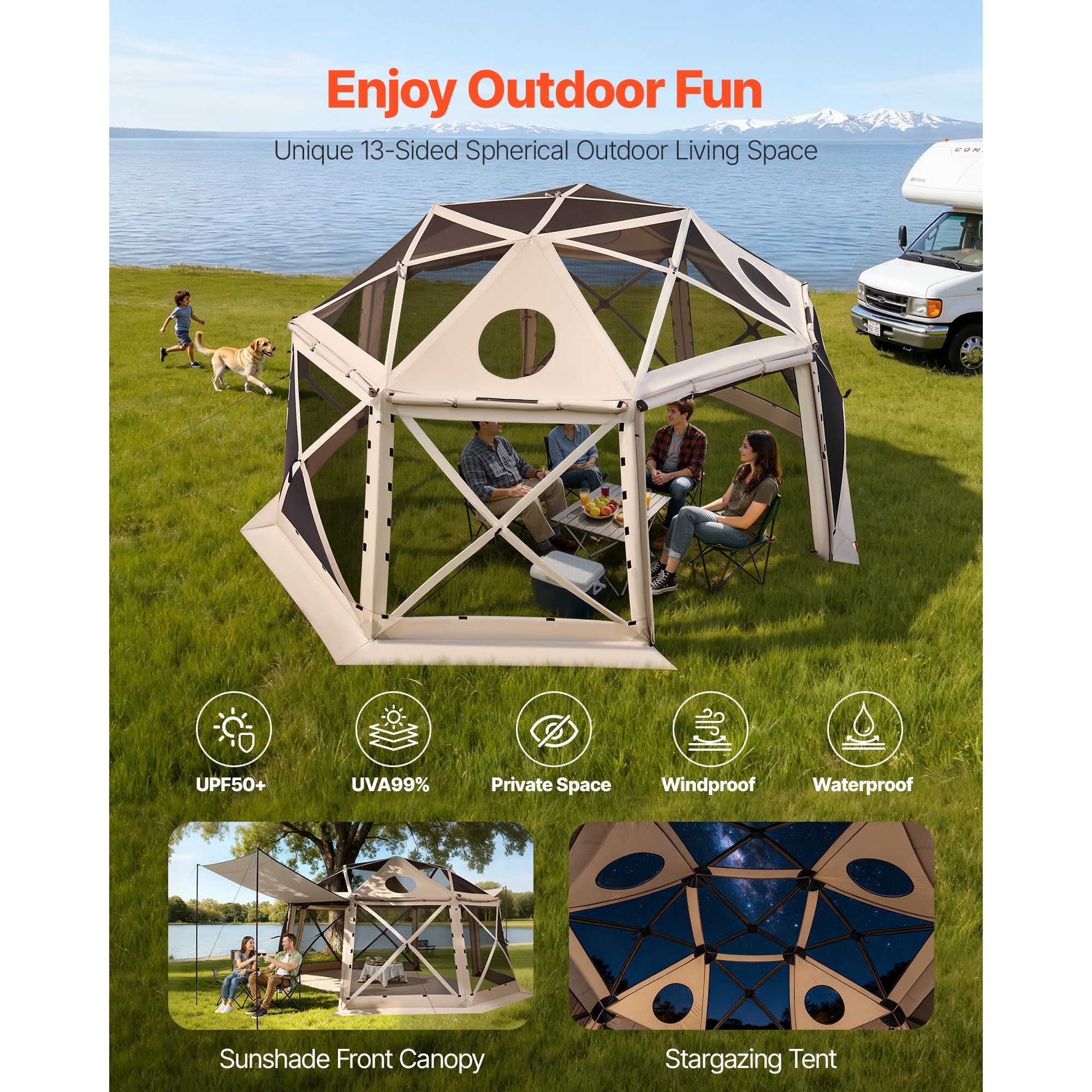KFFKFF Pop-Up Gazebo Screen Tent, 15 x 15 ft, 13-Sided Dome Camping Canopy with Detachable Roof & Carrying Bag, Easy Setup & Insect-Resistant, Outdoor Sun Shelter for 12-15 People, Beige
