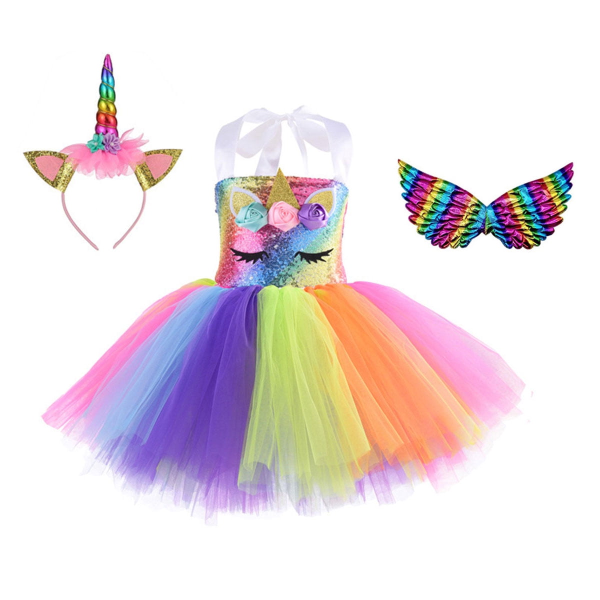 Sequin Unicorn Costume for Tutu Girls Dress Up Clothes Rainbow with Headband