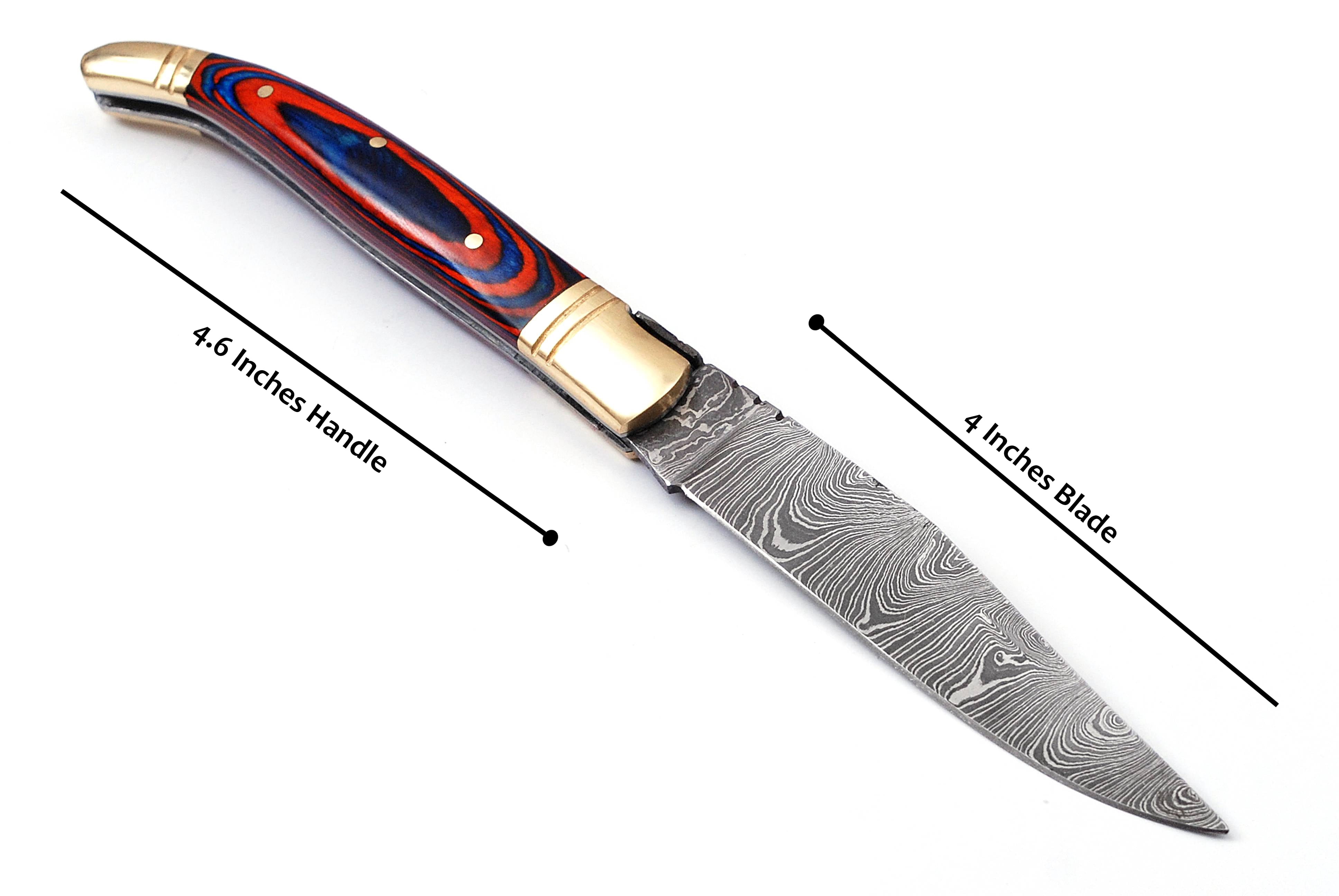 Damascus steel folding knife with leather sheath, 8.5 inches long laguiole pocket knife with 4 inches long Damascus steel Blade, 4.5 inches Blue multi colored wood scale with Brass bolster and pommel