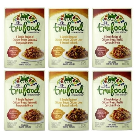 Wellness TruFood Grain Free Natural Dog Food Complement 3 Flavor Variety 6 Pouch Bundle: (2) Chicken Beef Carrots (2) Chicken Liver Broccoli and (2) Chicken Salmon Pumpkin 2.8 Oz. Ea. (6