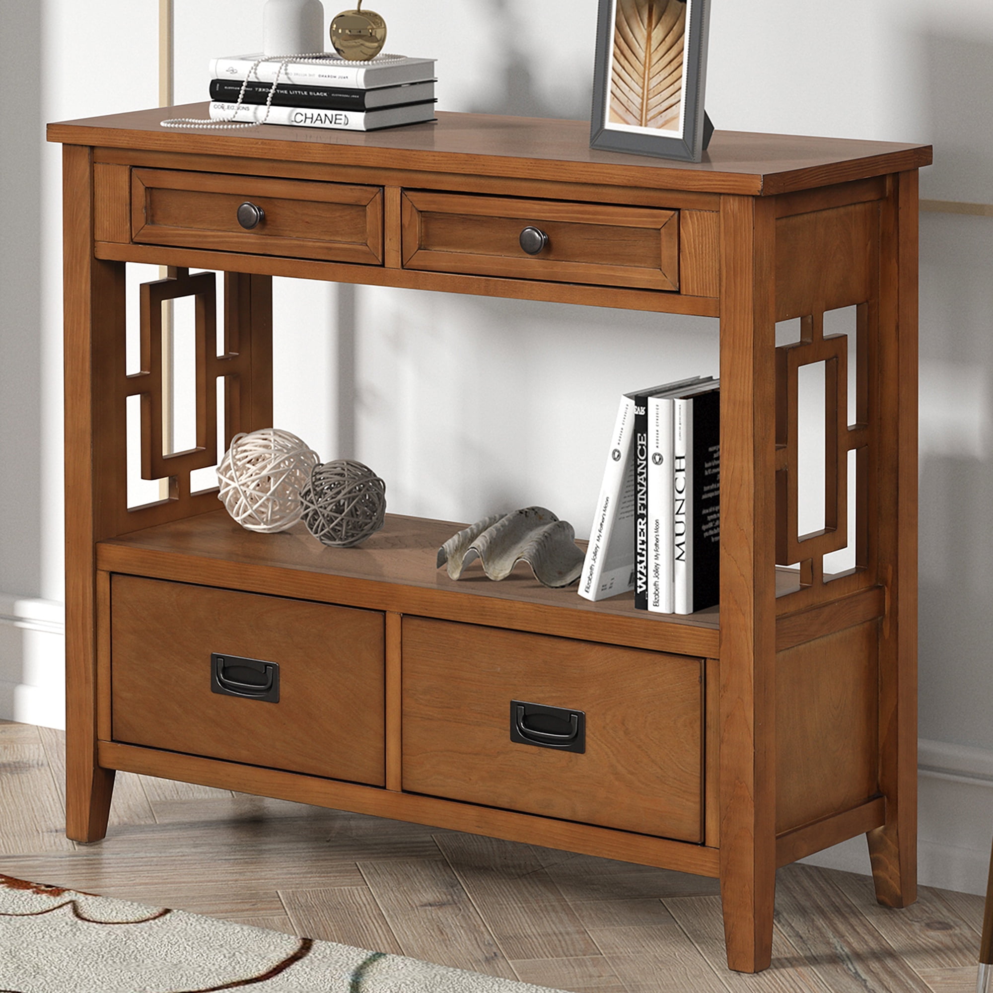 PORKISS Farmhouse Solid Wood Console Table, Entryway Table Hallway Table with 4 Drawers 1 Storage Shelf, Sofa Table for Living Room, Foyer, Brown