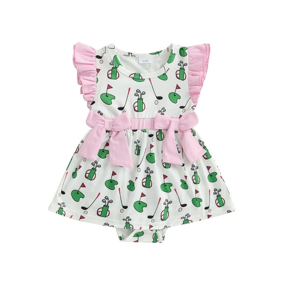 Rovasas Baby Girls Rompers Dress Golf Print Bowknot Decor Infant Bodysuits