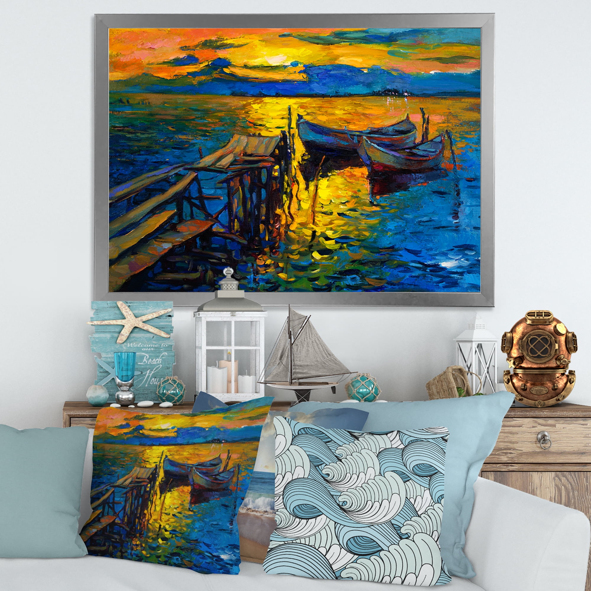 Boat At The Lake During Evening Glow II 32 in x 24 in Framed Painting Canvas Art Print, by Designart