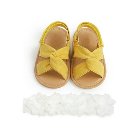 

Woobling Toddler Kids Sandals Cross Strap Flat Sandal Bowknot Crib Shoes Wedding Princess Shoe Lightweight First Walkers Non-Slip Yellow with Headband 5C