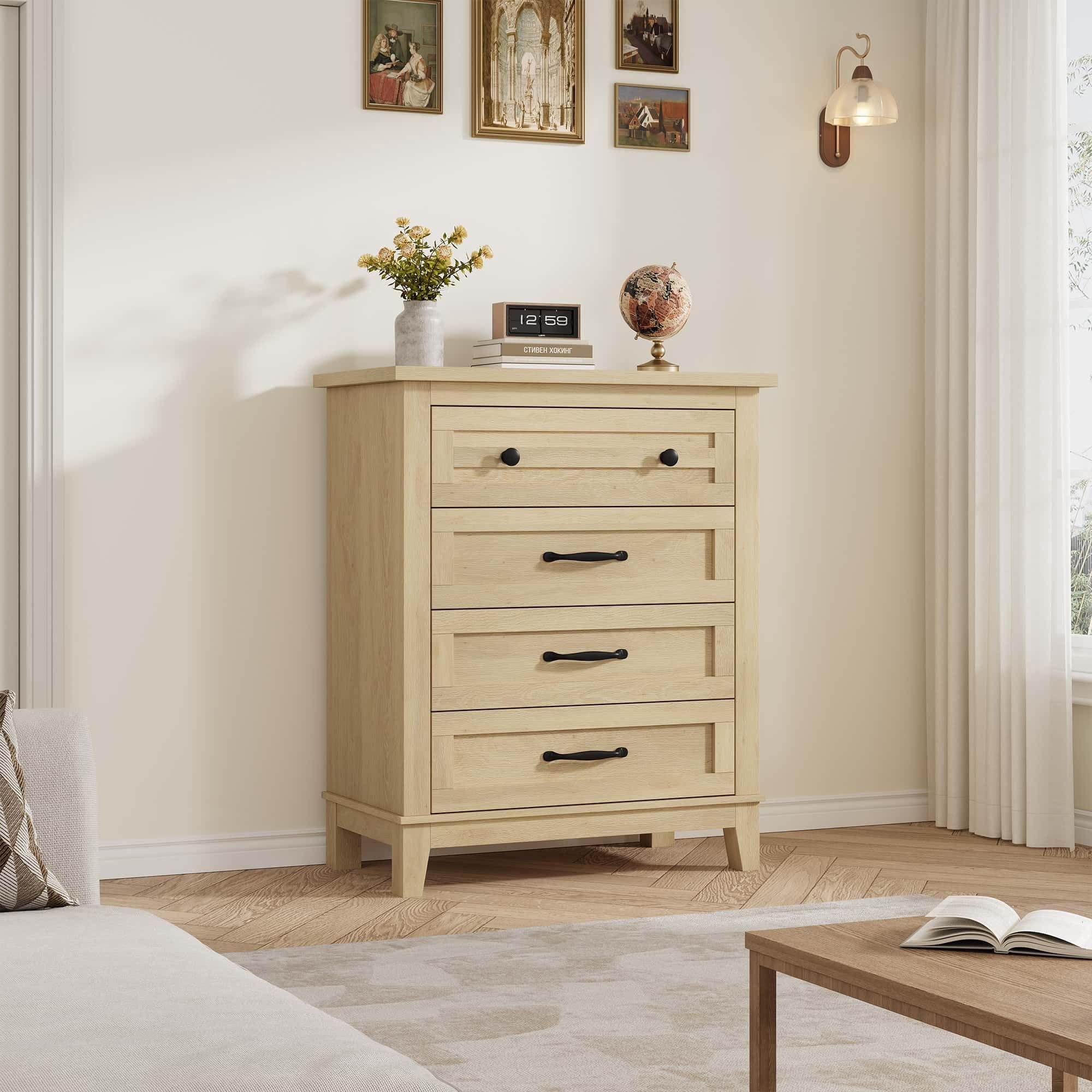Dresser for Bedroom, 4-Drawer Chest of Drawers, Wooden Storage Dresser with Large Drawers for Living Room, Natural