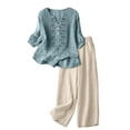 thumbnail image 2 of Linen Sets for Women 2 Piece Summer 2026 3/4 Sleeve Embroidered Boho Tops Wide Leg Pants Beach Vacation Outfits Lounge Wear,Sky Blue XL, 2 of 7