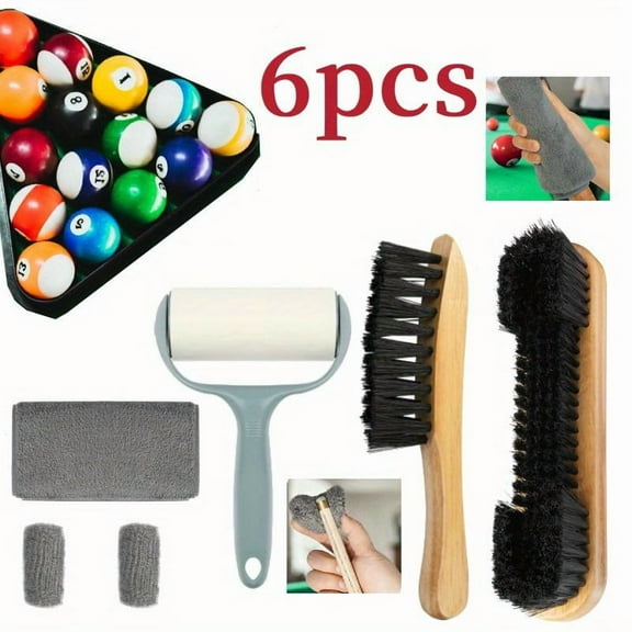 [6Pcs Hand Tools Kits]Including Pool Table&Rail Brush,Billiard Felt Cleaner Accessories with 2 Wooden Brushes,Cue Cleaning Cloth,Ferrule Polish Cloth & Sticky Lint Roller