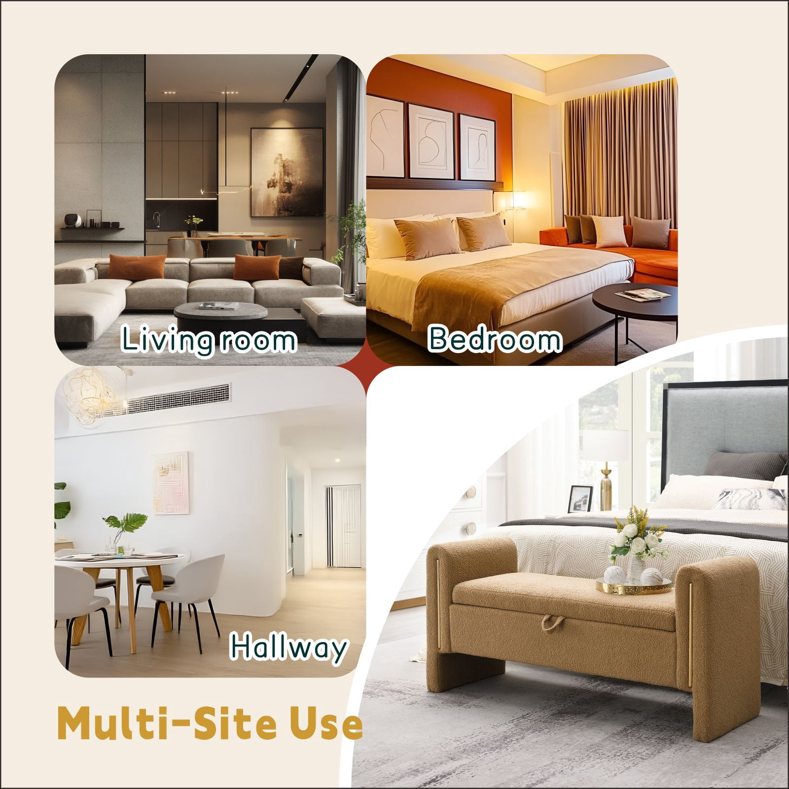 QianYueLUX 52" Storage Ottoman Bench with Armrests, Brown Teddy Fabric, 250lbs Capacity, Multi-Functional Footrest for Bedroom & Entryway