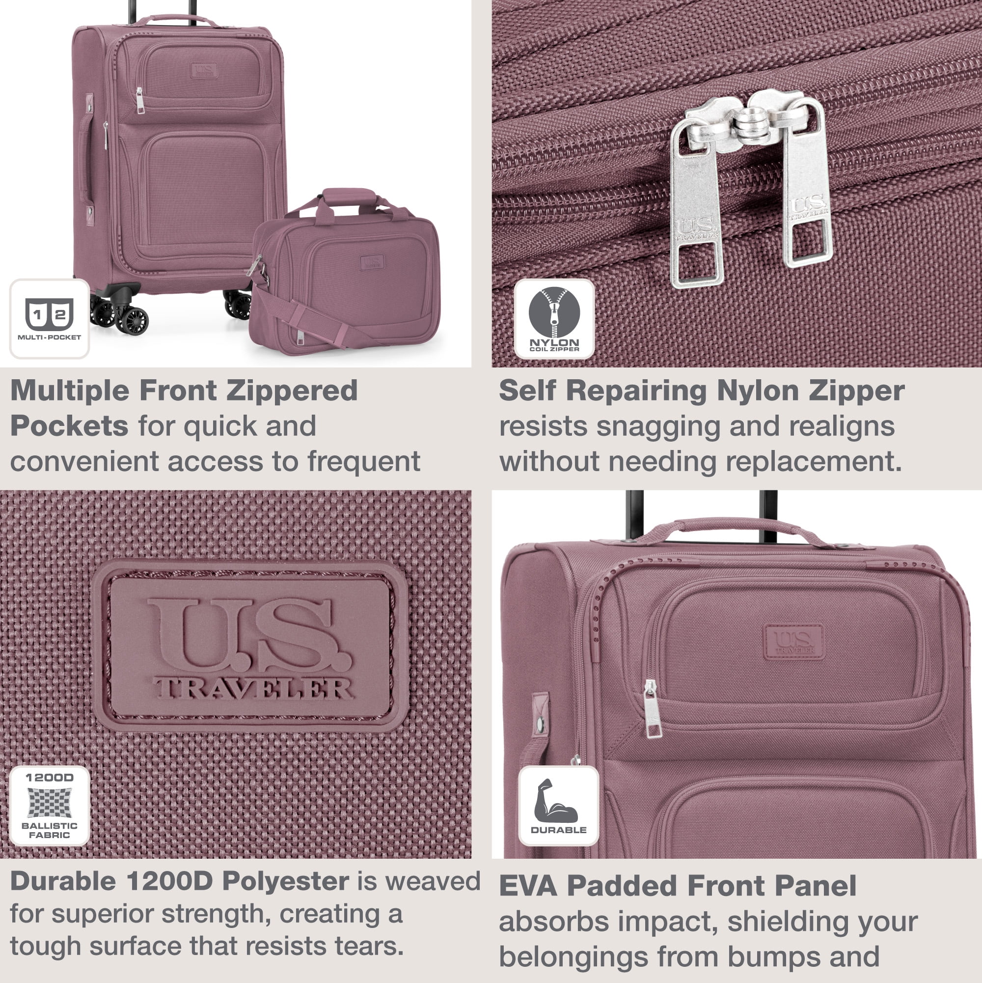 U.S. Traveler Rio 2-Piece Expandable Softside Carry-on Luggage Set - Spinner Wheels, TSA-Approved, Tote Bag, Lightweight Travel Suitcase, Mauve (22/14)