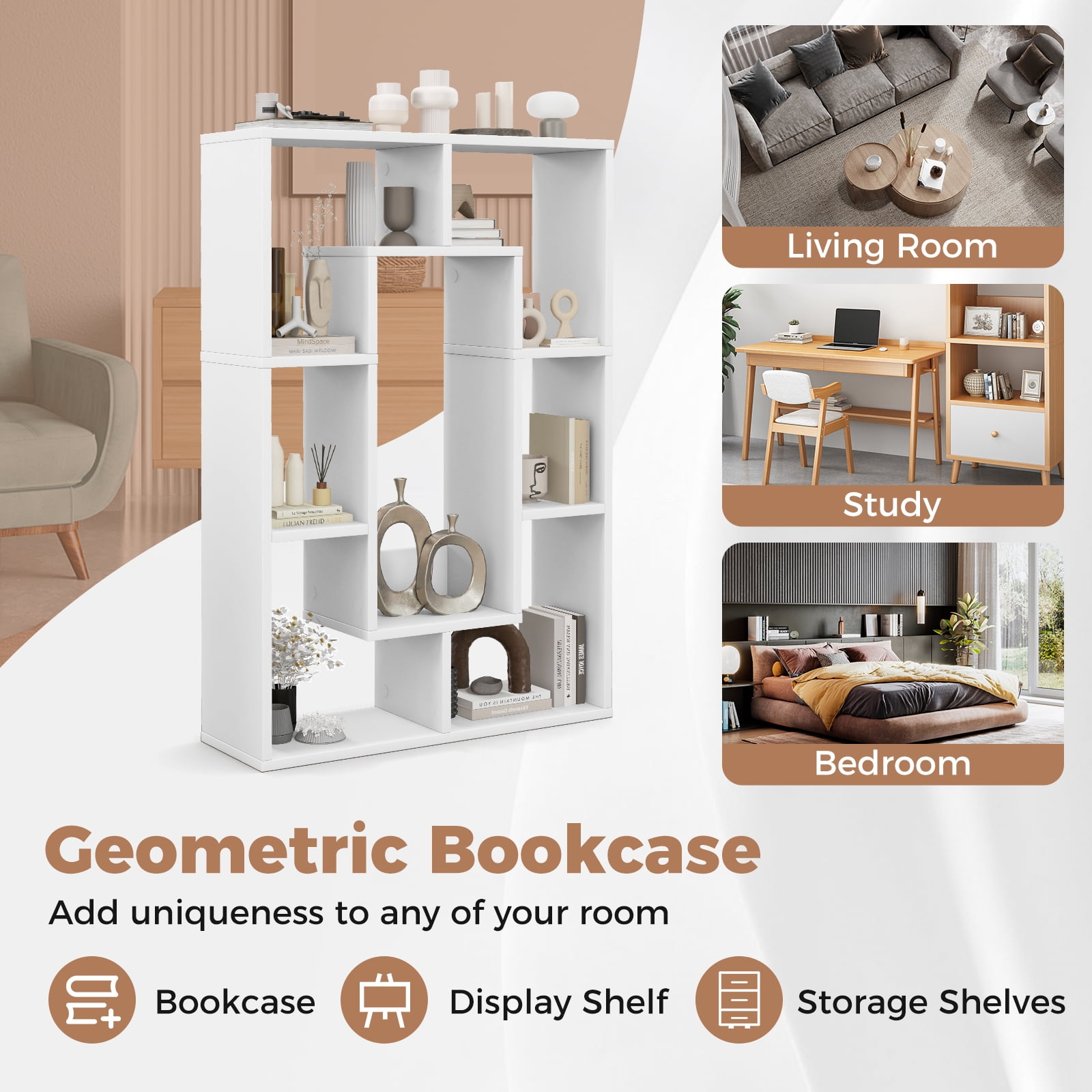 Giantex Wood Geometric Bookshelf, Freestanding Open Bookcase w/7 Cubes, Storage Display Rack for Home Office, White