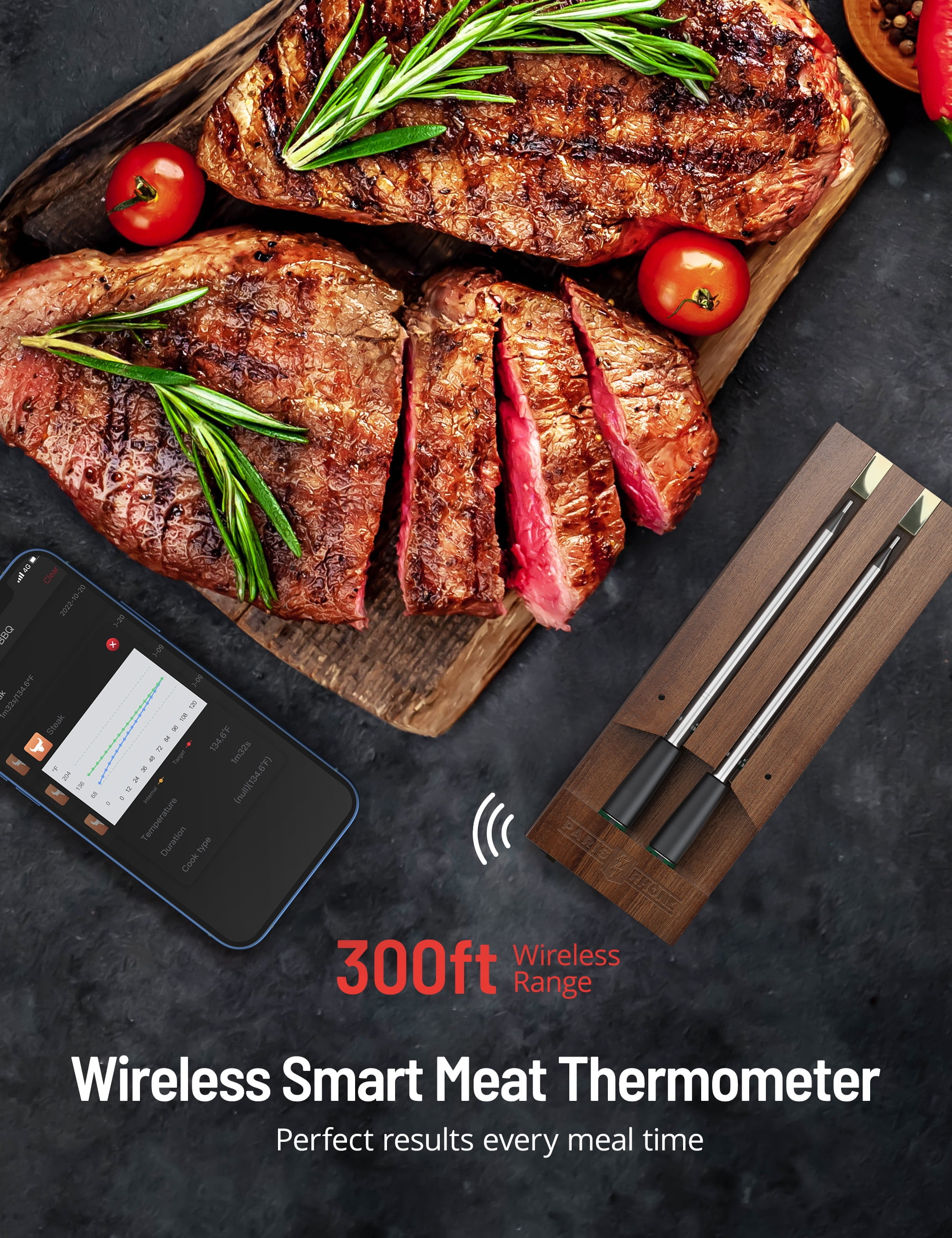 Wireless Meat Thermometer, 165ft Wireless Range Digital Meat Thermometer,  Smart App Control, Ultra-Sensitive Food Thermometer with Thinner Probe for