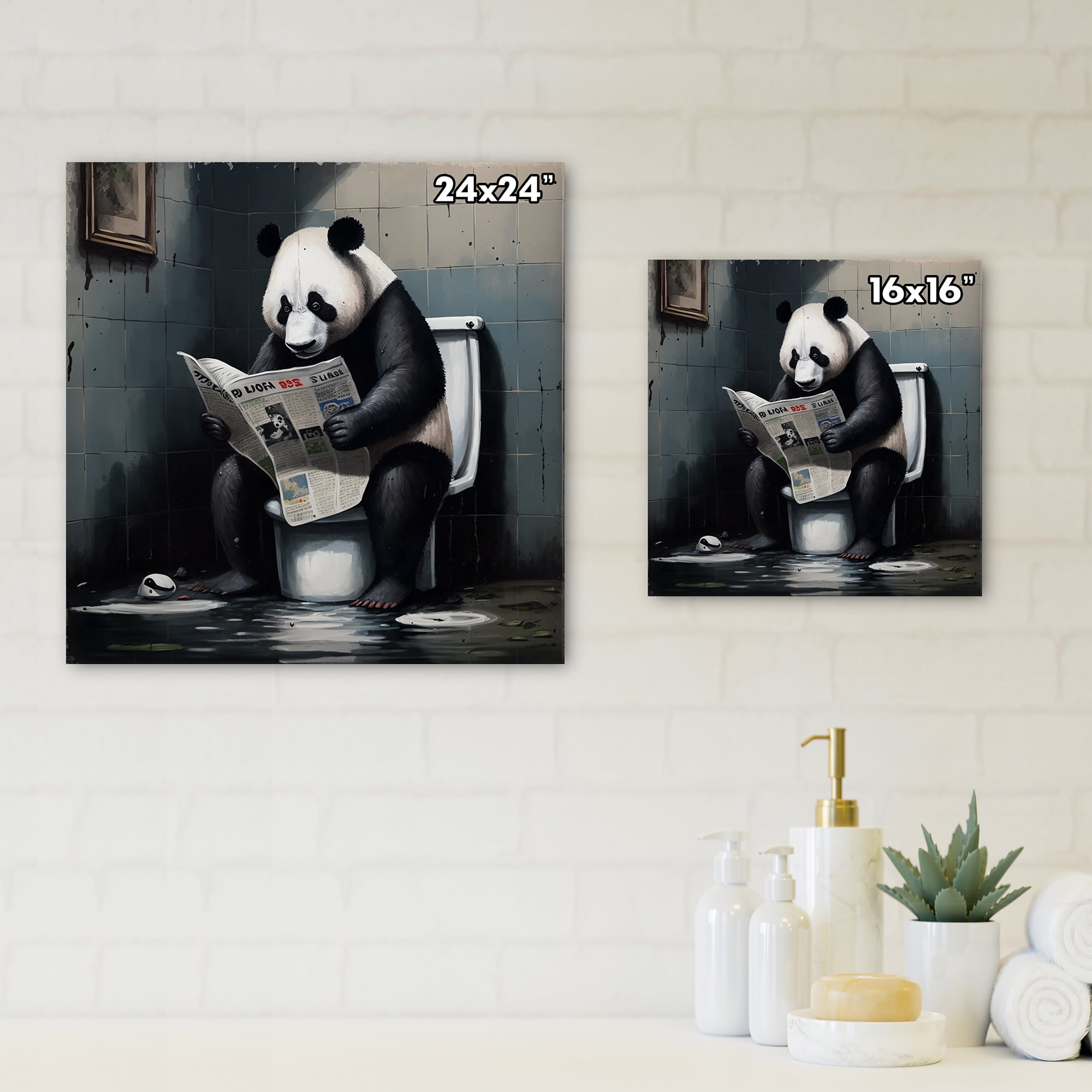Designart Panda On Toilet Reading News Canvas Wall Art