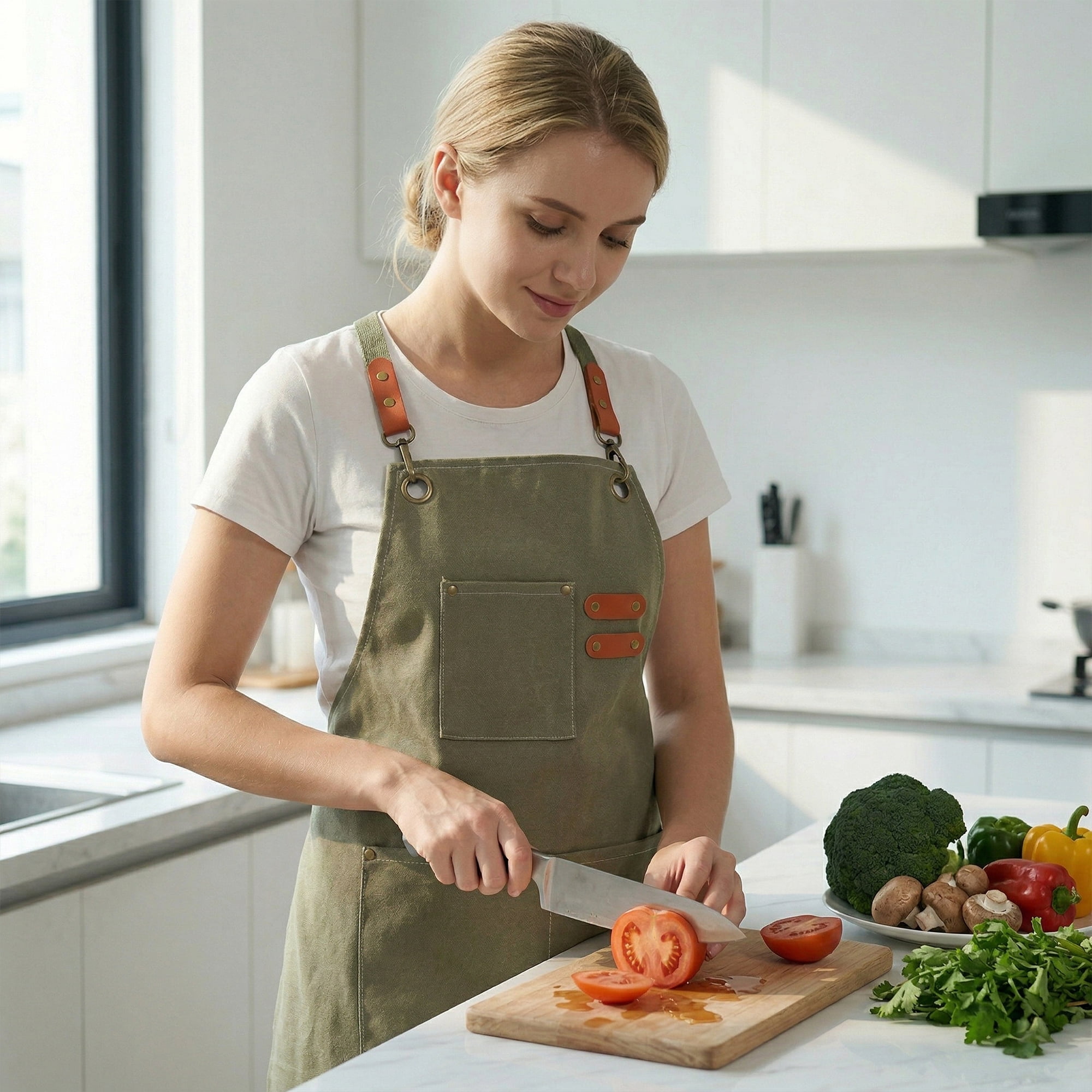 Unique Bargains Adjustable Long Waist Kitchen Apron with Pockets for People Gray-Green