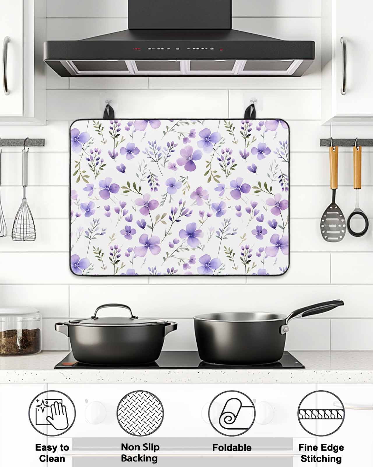 Stove Top Covers for Electric Stove, Purple Spring Floral Glass Stovetop Cover Protector, Pastoral Botanical Watercolor Induction Cooktop Protector Oven Mat for Kitchen Countertop 24"x21"