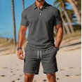 thumbnail image 2 of Men Solid 2 Piece Polo Short Set, Breathable Knit Short Sleeve Polo Shirt & Drawstring Shorts Summer Casual Outfit Grey XXL, 2 of 6
