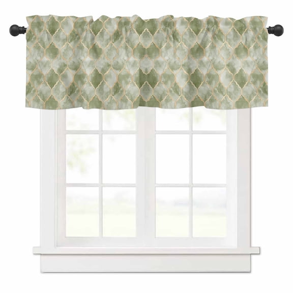 Sage Green Morocco Valances for Windows Abstract Marble Solid Color Gold Rod Pocket Curtain Valance Window Treatment Short Curtains for Kitchen Living Room, 54"x18"