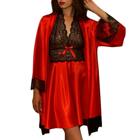 

Wozhidaoke pajamas for women 2pcs Women Satin Lace Sleepwear Lingerie Nightdress Pajamas Set pajamas for women