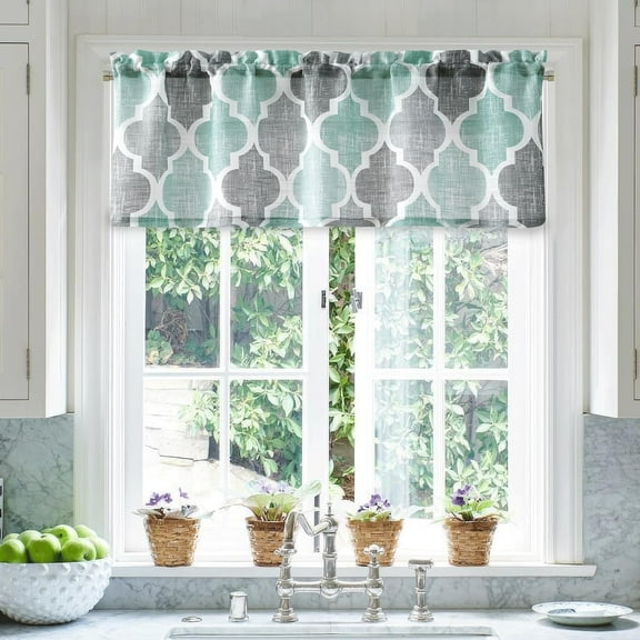Lattice Moroccan Tile Print Valances for Windows Geometric Quatrefoil Kitchen Curtains Valances Semi Sheer Rod Pocket Valance Window Treatment, 54 x 18 Inch, Spa/Gray, 1 Panel