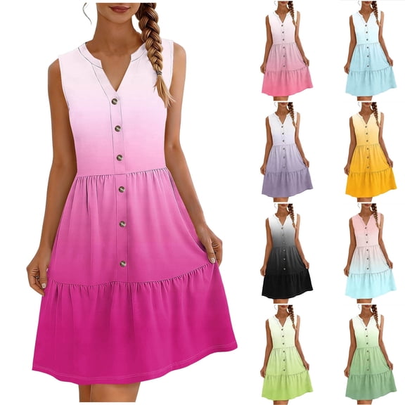 Lovzfmll Women's Sundress, V-Neck Sleeveless with Button, Casual Vacation Mid-Length Dress Hot Pink, S