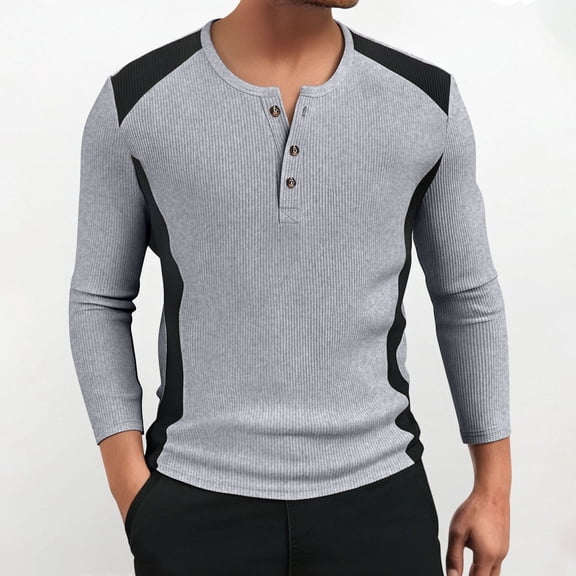 SYMOID Men's Long Sleeve Gray Henley Shirt - XL Slim Fit, Ribbed Stretch Fabric with Contrast Panels (Polyester/Rayon/Cotton/Spandex), Casual Daily Wear for All-Day Comfort