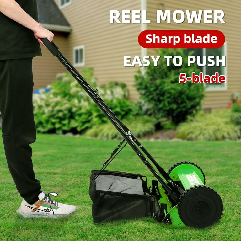 14 5 Blade Push Reel Lawn Mower with Grass Catcher No Gas or Electric Push Manual Lawn Mower with Sharp Steel Blades Adjustable Heights