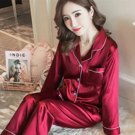 

Spring and Autumn Pajamas Suit Single Breasted Lapel Design Pajamas Suit for Spring Summer Autumn Wear 3XL Wine Red
