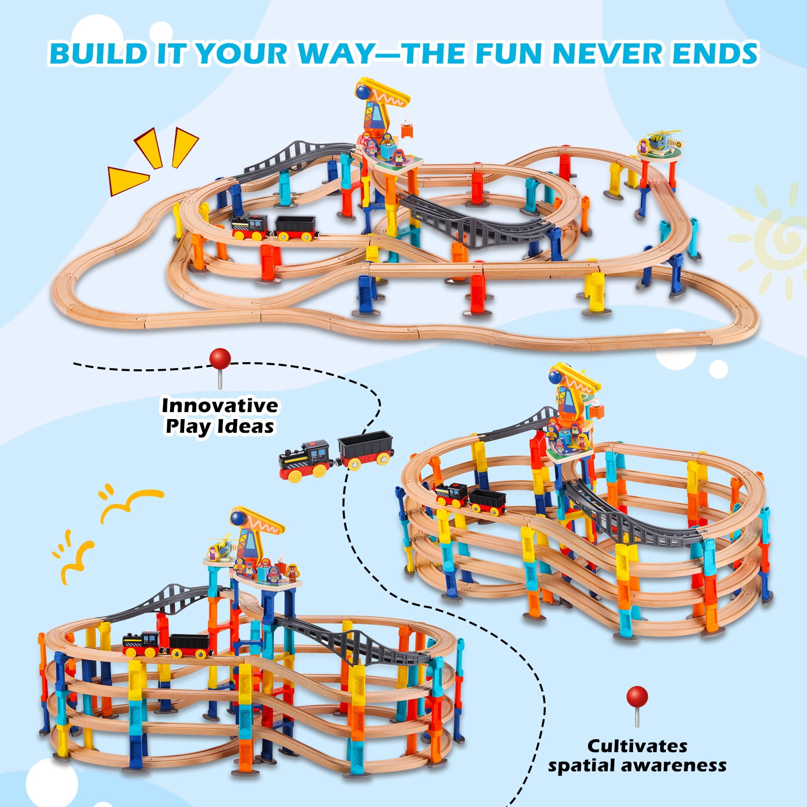 UDEAS 120Pcs Wooden Train Tracks Set, 398-inch Track Expansion, Toddler Railway Bridge Toy Train Set with Airplane and Magnetic Crane, Birthday Gifts for Boys and Girls