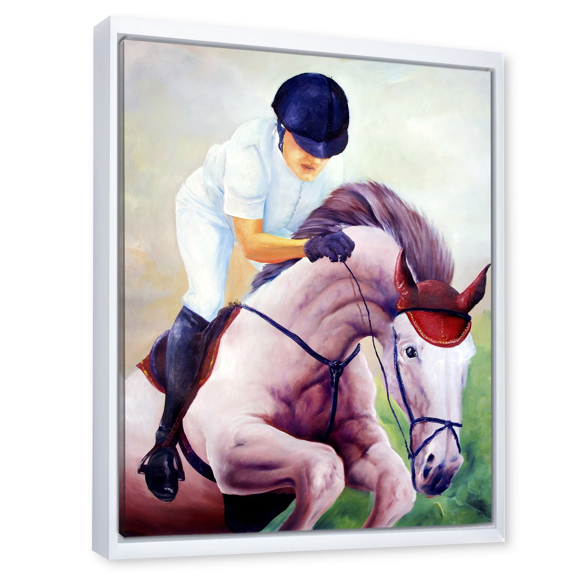 Designart 'Jockey On Galoping Pink Horse' Farmhouse Framed Canvas Wall Art Print