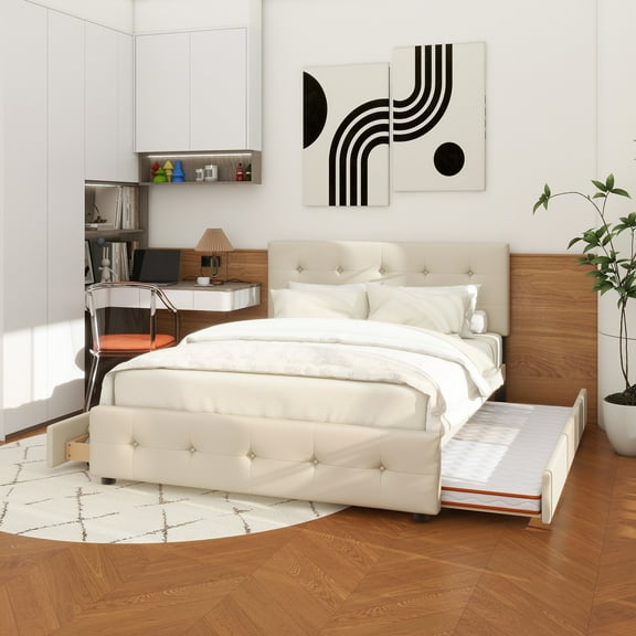 Upholstered Platform Bed with 2 Drawers and 1 Twin XL Trundle, Linen Fabric, Queen Size - Dark Beige