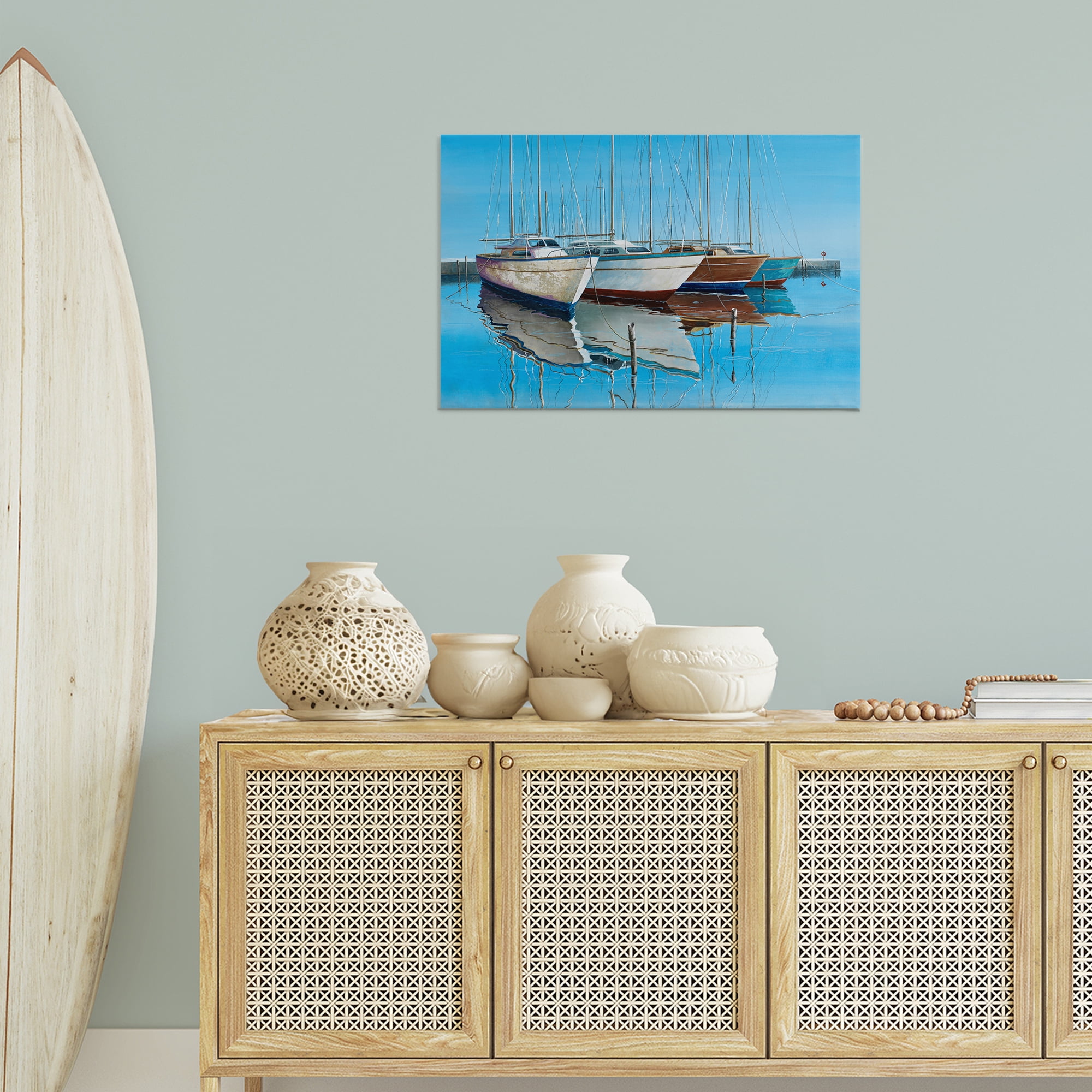 Stupell Industries Four Docked Boats Reflection Transportation Painting Wrapped Canvas Art Print Wall Art, 30 x 20
