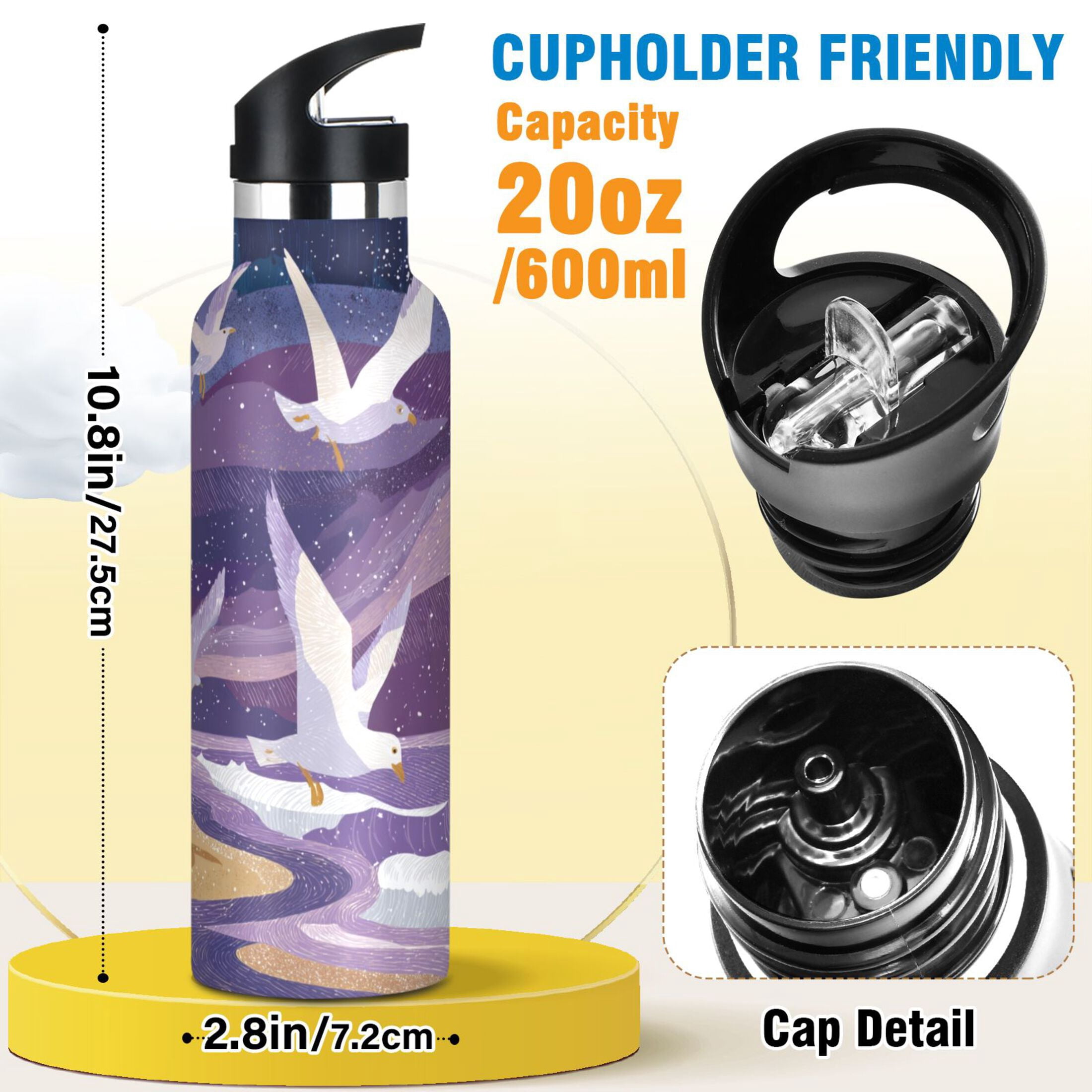 600ML Stainless Steel Insulated Cup Sports Water Bottle Portable Thermos Cup Water Glasses Insulated Tumblers Convenient and Durable Beautiful Seagulls