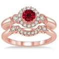thumbnail image 2 of 2 Carat Red Ruby Round Cut Antique Diamond Moissanite Flower Halo Bridal Set on 10k Rose Gold, 2 of 2
