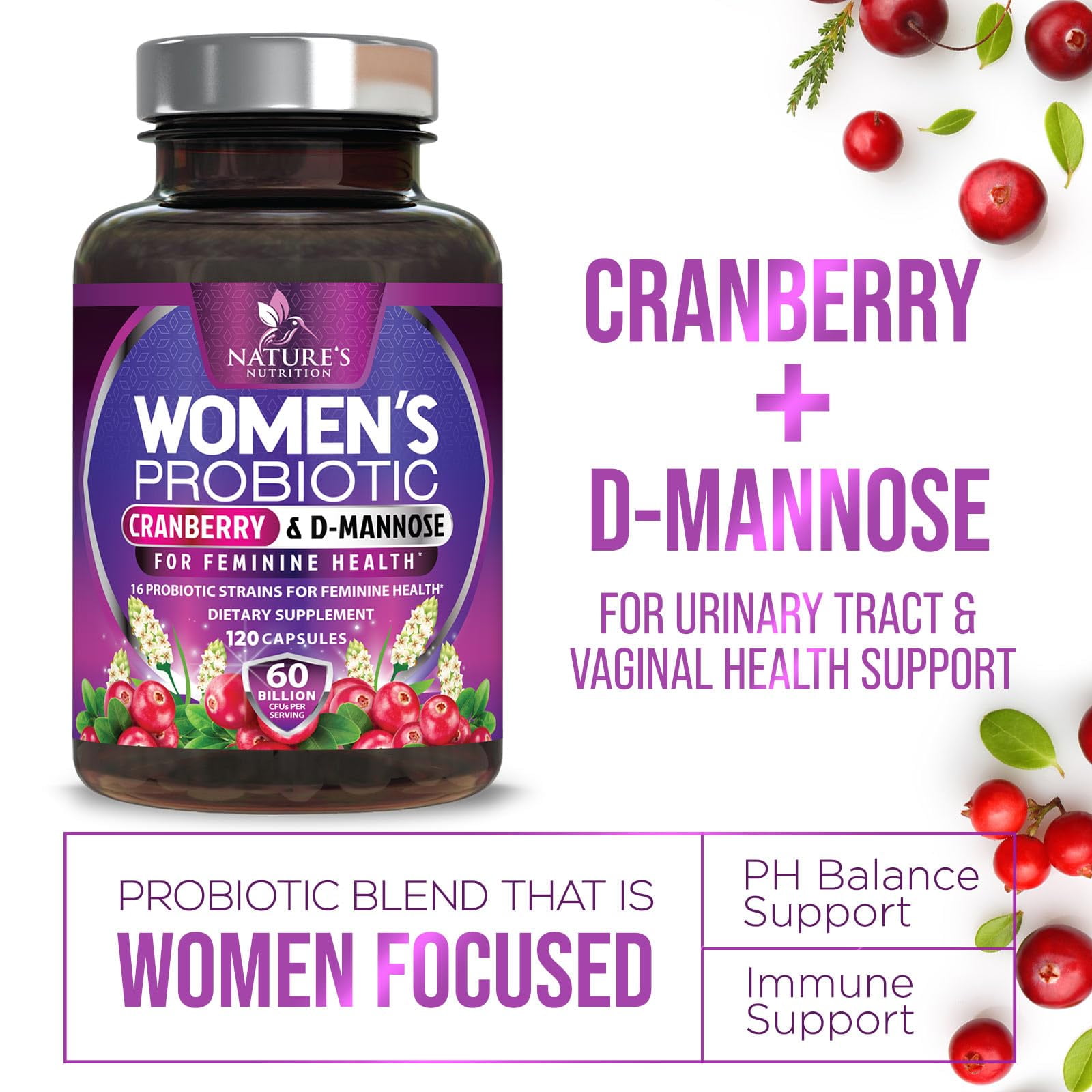 Women's Probiotic Powder - 120 Billion CFUs With Prebiotics & Cranberry For Gut & Immune Health
