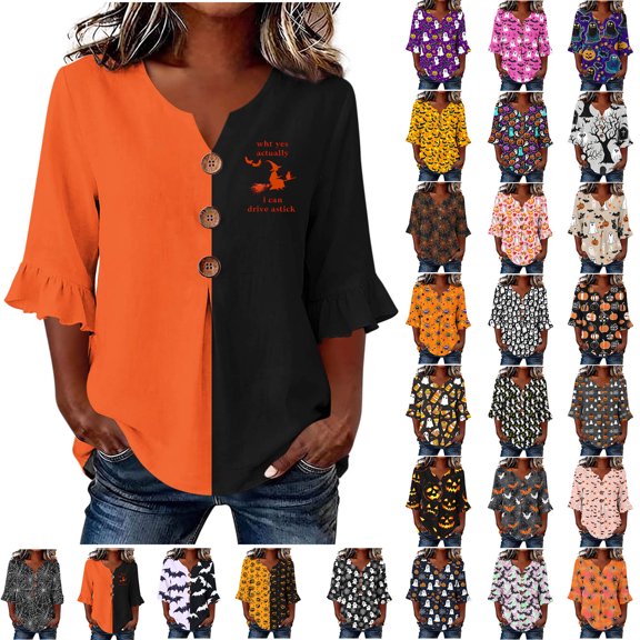 Hvogkswy Halloween Shirts for Women Button Print 3/4 Sleeve Henley Shirts Loose Comfy Holiday Party Casual Shirt, Gifts for Women