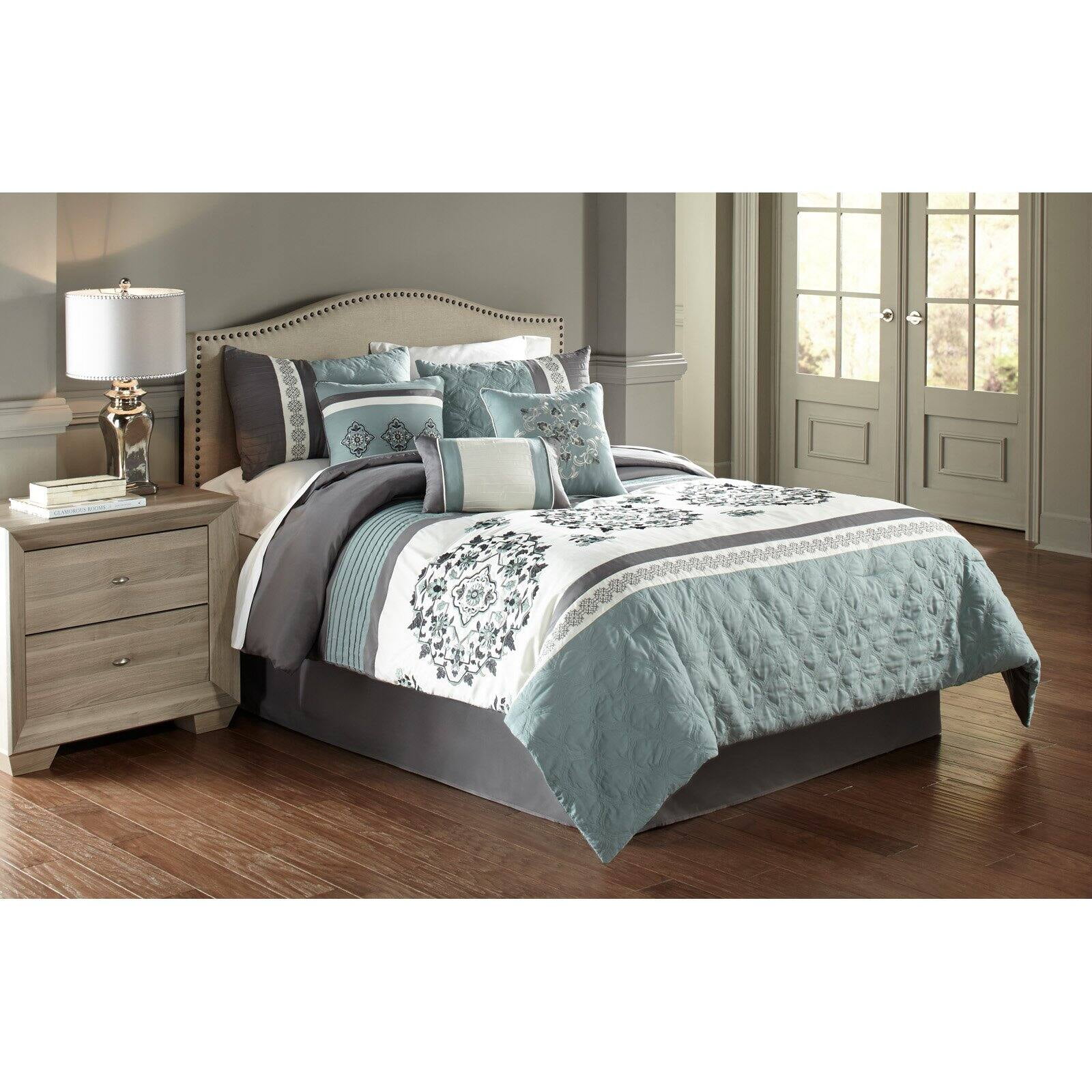 Hallmart 7 Piece Queen Comforter Set in Blue and Gray